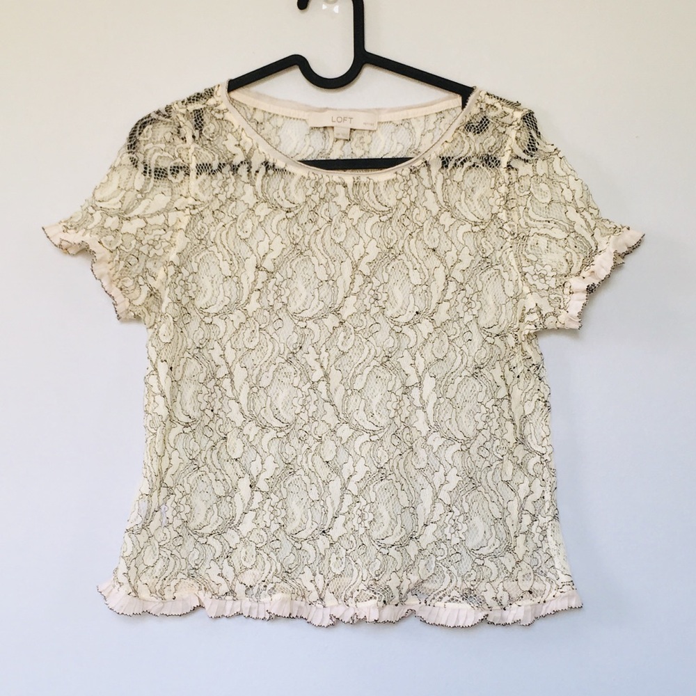 LOFT petite cream sheer lace short sleeve top